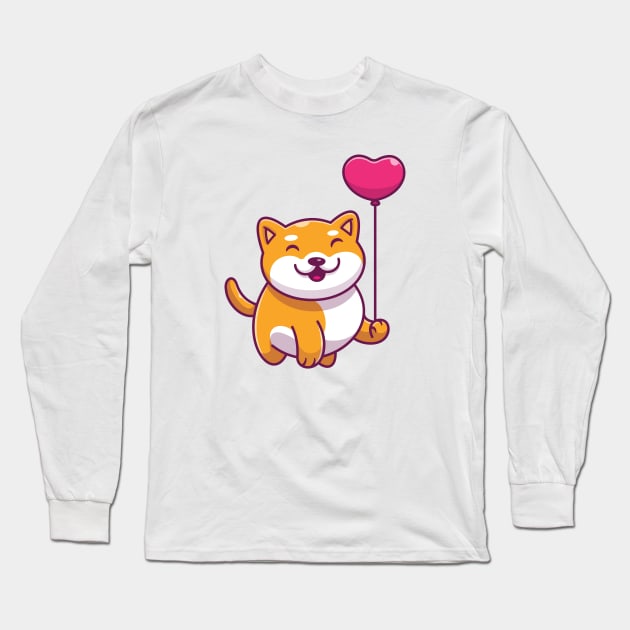 Cute shiba inu holding love ballon cartoon Long Sleeve T-Shirt by Catalyst Labs